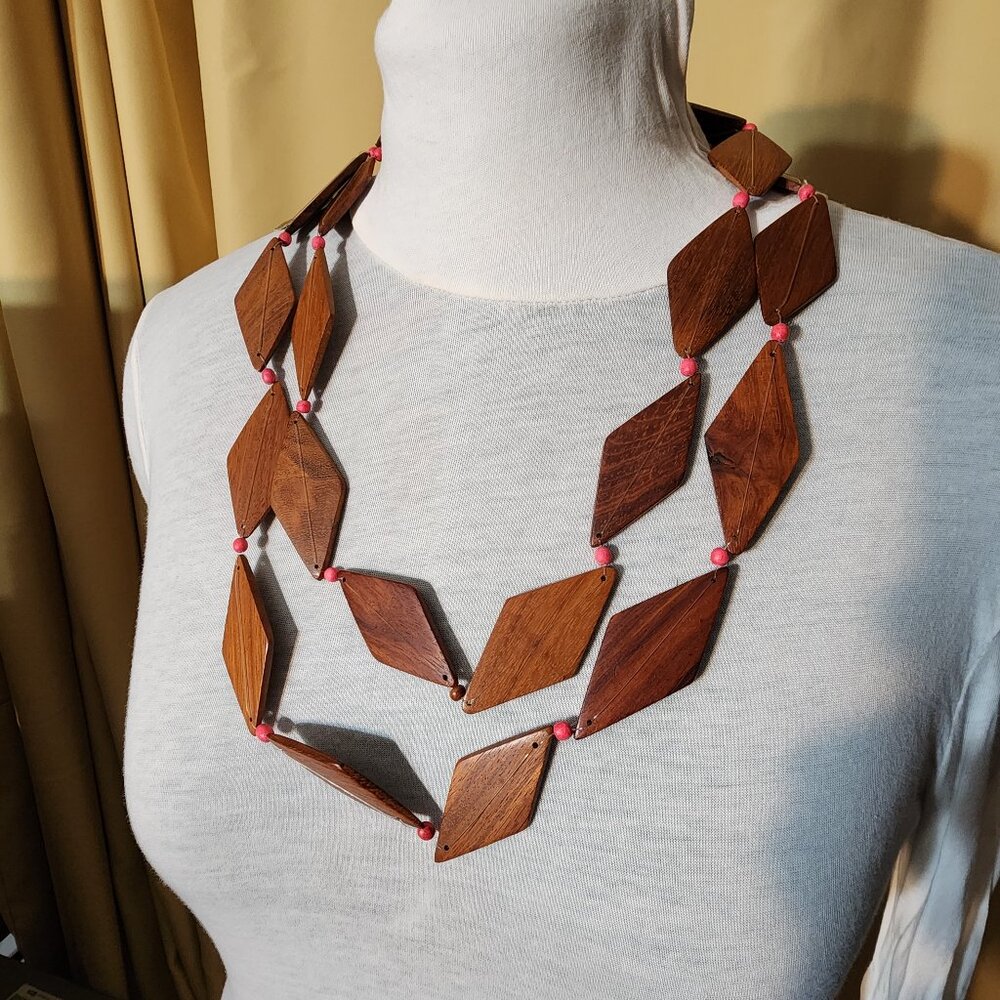 Vintage Brand NOS Kenneth J. Lane Wooden Bead Necklace Rhombus & Round Geometric